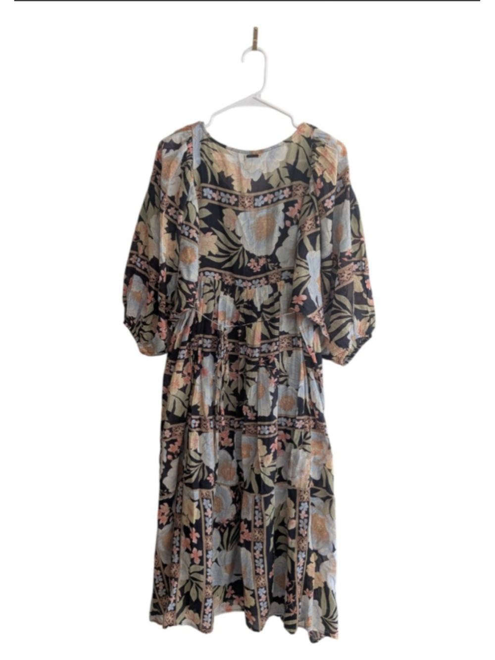 Billabong Lost Cove Midi Dress L Black Floral Cotton Gauze Boho Puff Sleeve - Picture 4 of 12